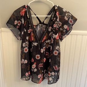 Floral , sheer , cold shoulder blouse